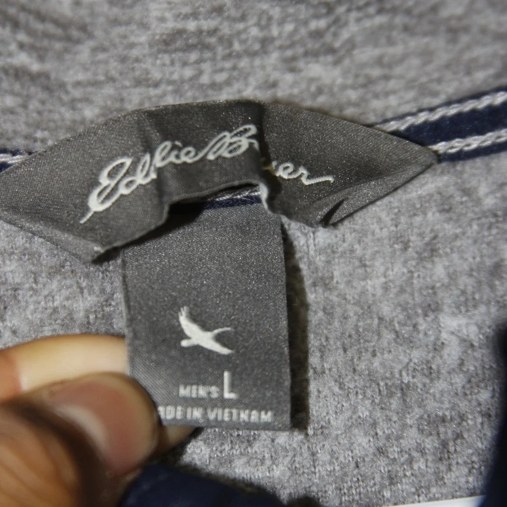 Eddie Bauer Snap Mock‎ Neck Pullover Mens L Gray Fleece Sweatshirt Pocket
